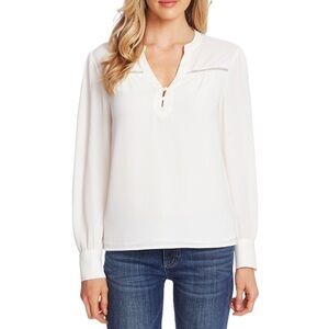 CeCe Crochet Trim Split Neck Top Blouse Soft Ecru White Medium New